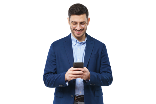 Young businessman holding phone with both hands, surfing, using new financial app - Powered by Adobe