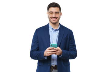 Businessman or male teacher standing with phone in hands, looking at camera with happy smile