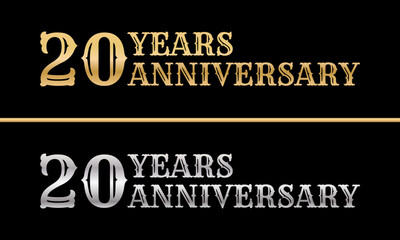 20 years logo. 20th anniversary celebration design. Birthday, invitation, jubilee golden and silver sign or symbol. Vector illustration.