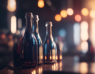 Bottles with alcoholic and non-alcoholic drinks in a cafe or restaurant. Color illustration for design projects. Photo wallpaper, poster, illustration for the catalog. Generative AI. - obrazy, fototapety, plakaty