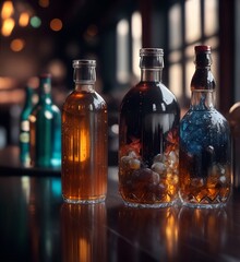 Bottles with alcoholic and non-alcoholic drinks in a cafe or restaurant. Color illustration for design projects. Photo wallpaper, poster, illustration for the catalog. Generative AI.