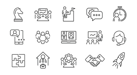 Teamwork icons set. Business management simple icons. 15 management icons isolated on white background. Vector illustration