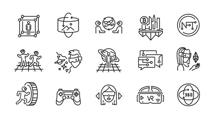 Metaverse icons set. Virtual reality simple icons. 15 VR icons isolated on white background. VR Glasses, AI chat, Crypto currency. Vector illustration