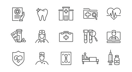Healthcare icons set. Medical insurence simple icons. 15 Healthcare icons isolated on white background. Doctor, Patient, Injection, X-ray icons. Vector illustration