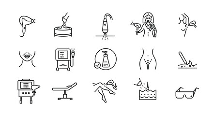 Laser hair removal icons set. Laser depilation simple icons. 15 laser hair removal icons isolated on white background. Glasses, Body, Legs, Laser, Cosmetologist icons. Vector illustration