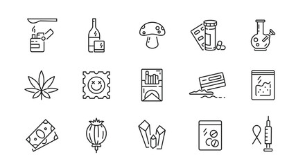 Drugs icons set. Drugs and addictions simple icons. 15 Drug icons isolated on white background. Marijuana, Mushroom, LSD, Extasy, Alcohol icons. Vector illustration - obrazy, fototapety, plakaty