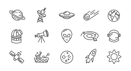 Space icons set. Space simple icons. 15 astronomy icons isolated on white background. Alien, Spaceship, Earth, Observatory, Satellite icons. Vector illustration