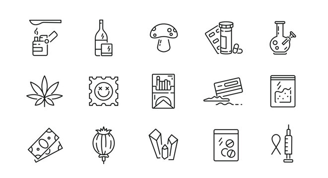 Drugs icons set. Drugs and addictions simple icons. 15 Drug icons isolated on white background. Marijuana, Mushroom, LSD, Extasy, Alcohol icons. Vector illustration