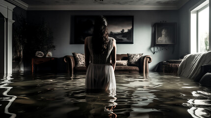 A woman inspects her flooded basement as water seeps in.