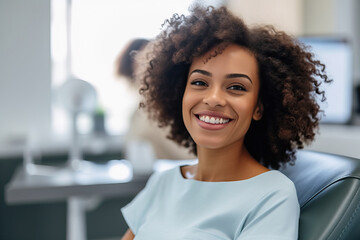 A happy woman sitting in a dentist's chair