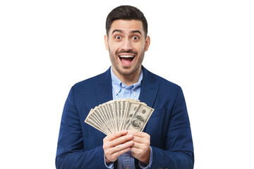 Young excited man shouting, he is lottery winner, holding dollars in cash, shocked and happy