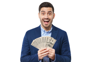 Young excited man shouting, he is lottery winner, holding dollars in cash, shocked and happy