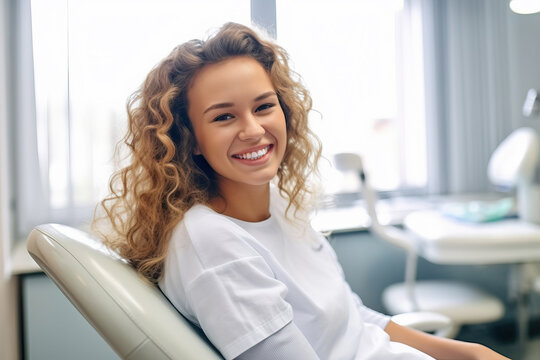 A happy woman receiving dental treatment in a dentist's chair
