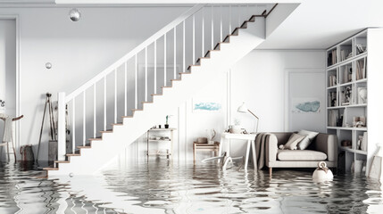 In the flooded basement of a house, water covers the ground, creating a messy and potentially damaging situation.
