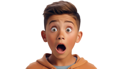 Surprised boy in orange hoodie looking at camera 