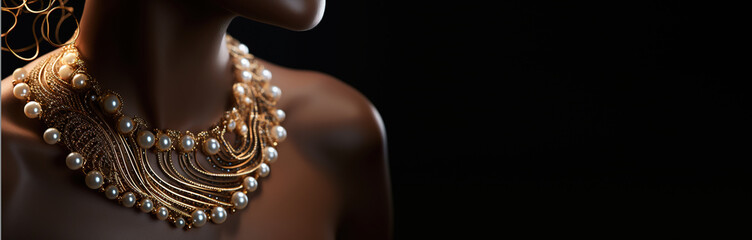 Jewelry fashion banner, woman in luxury creative golden pearls jewels, glamour female african American model with beauty face makeup wearing expensive gold stylish Jewelry on black background. - Powered by Adobe