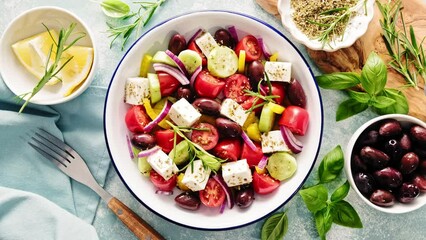 Greek salad. Vegetable salad with feta cheese, tomato, olives, cucumber, red onion and olive oil. Healthy vegetarian mediterranean diet food. Video 4k