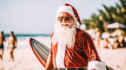 A modern tanned older man in Santa Claus costume walks along the beach with surfboard for swimming....