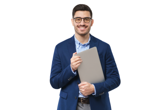 Young smiling modern male teacher holding closed laptop in hands, waiting for students