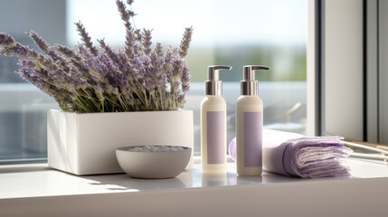 Fototapeta na wymiar Natural and sustainable cosmetics. Sustainable beauty and care for the environment, on a modern bathroom counter next to a window, lavender bouquet. Generative AI
