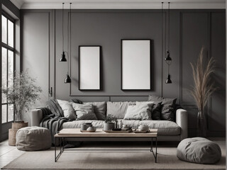 Modern living room interior with brown sofa, coffee table and mock up poster frame. 3D Rendering