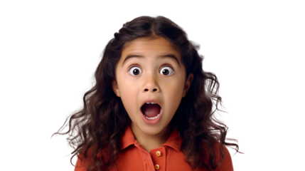 Portrait of a shocked little girl with curly hair looking at camera 