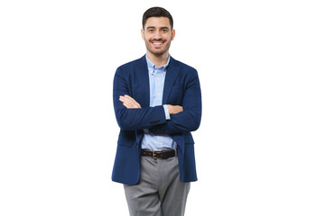 Smiling businessman wearing blue casual shirt, standing with arms crossed, looking at camera