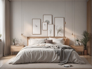 Interior of modern bedroom with white walls, wooden floor, comfortable king size bed and mock up poster frame. 3d rendering