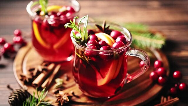 Hot mulled wine with oranges, cranberries and spices in a glass. A traditional warming drink for the autumn-winter season. Stock video 4k