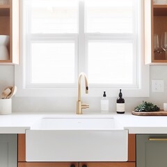 kitchen sink detail in front of a window with a white marble countertop, white subway tile backsplash, and green wood cabinets.