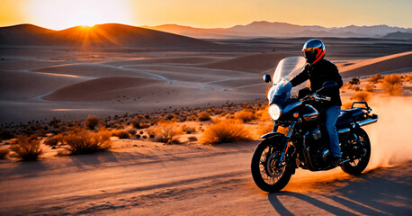 Motorcycle driver driving on a road in a remote desert during sunset.