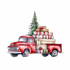 toy car with christmas gifts and christmas tree on an isolated white background