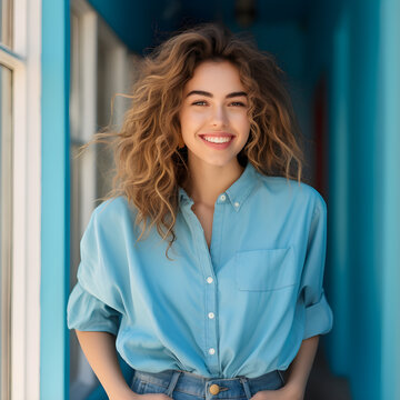 Uma linda mulher com cabelos loiros um lindo sorriso e roupas modernas