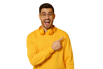Surprised man feeling shocked about commercial offer, pointing right, screaming wow