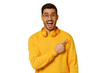 Surprised man feeling shocked about commercial offer, pointing right, screaming wow