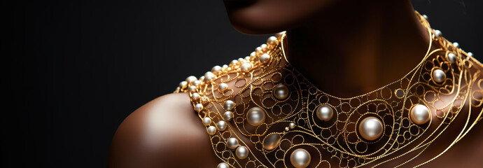 Jewelry fashion banner, cropped woman in luxury creative golden pearls jewels, glamour female african American model with beauty face makeup wearing expensive gold stylish Jewelry on black background.