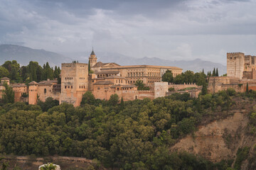 Panoramic view of the Alhambra at dusk in Granada, Spain