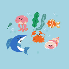 Simple card with undersea animals, childish design 