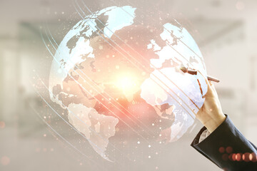 Multi exposure of man hand with pen working with abstract graphic world map on blurred office background, connection and communication concept