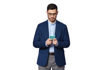 Serious young businessman wearing blue suit, looking at phone screen, chatting online, surfing the...