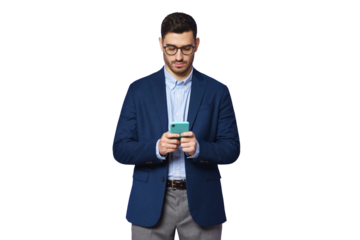 Serious young businessman wearing blue suit, looking at phone screen, chatting online, surfing the internet