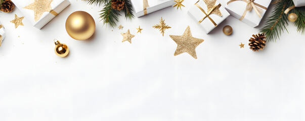 Kreativer Rahmen für Weihnachten mit Tannenzweige, Dekoration, Glitzer und Konfetti auf weißem Hintergrund für Weihnachten und Neujahr - Top View