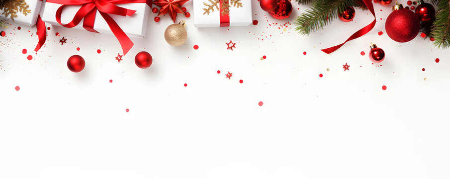 Kreativer Rahmen für Weihnachten mit Tannenzweige, Dekoration, Glitzer und Konfetti auf weißem Hintergrund für Weihnachten und Neujahr - Top View