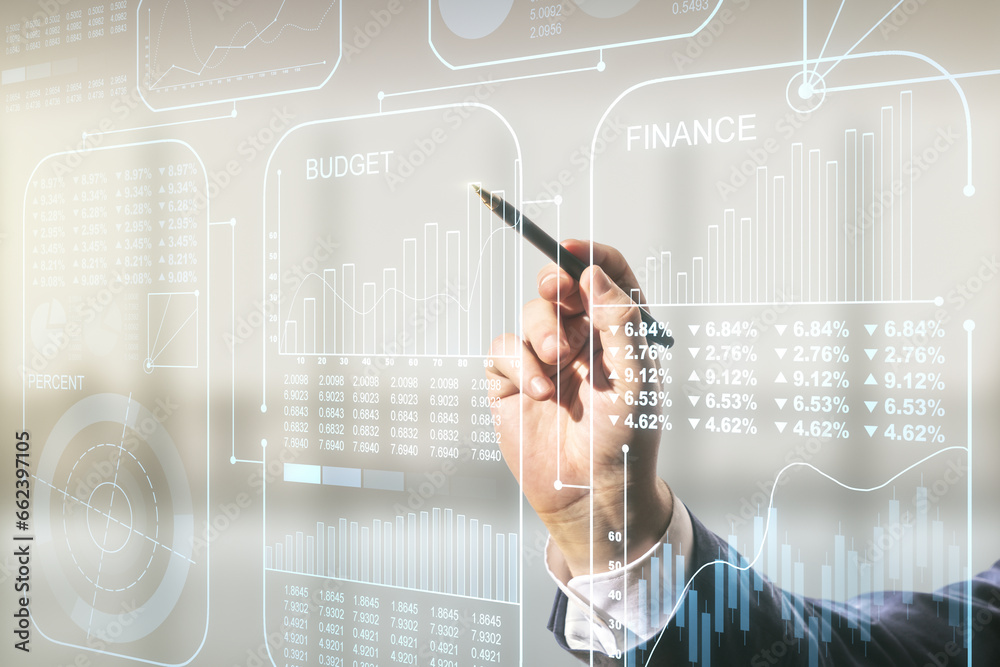 Poster Multi exposure of male hand with pen working with stats data illustration on blurred office background, computing and analytics concept
