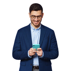 Businessman wearing blue suit and glasses, looking at smartphone screen, texting with colleagues,...