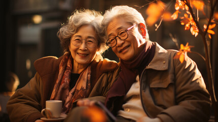 Senior couple lifestyle moments in a japanese park. Man and woman from japan.