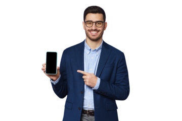 Young businessman showing blank phone screen and pointing to it with finger, copy space for your app