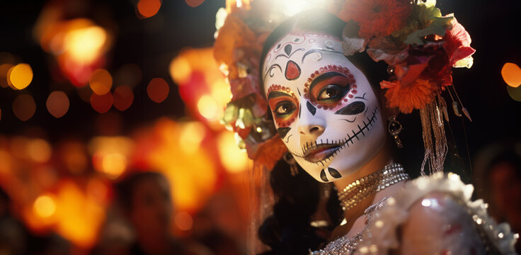 a latino hispanic woman with sugar skull makeup. Catrina with butterfly painted on her face. Halloween and day of the dead makeup.