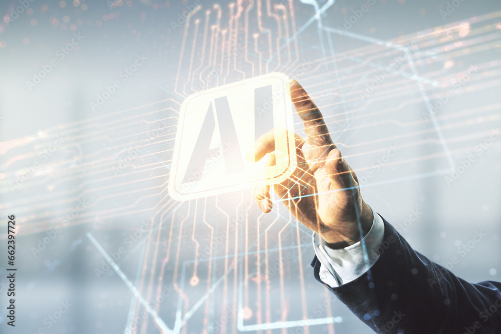 Aufkleber double exposure of man hand presses on creative artificial intelligence icon on blurred office backg