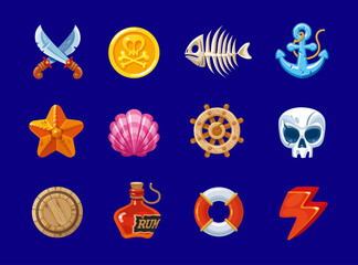 Bright gaming icons on a marine theme. A set for a computer mobile game. Symbols for a casual game in the style of pirates, sea voyages and adventures